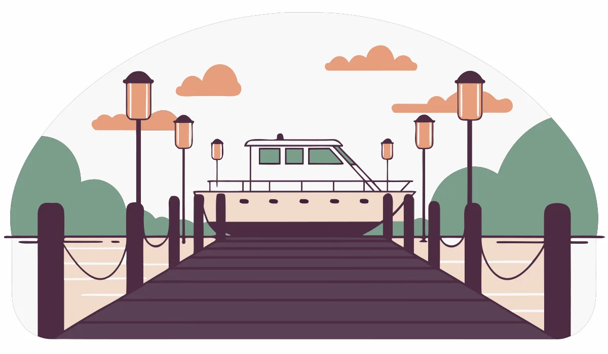 Round flat vector illustration of dock lighting ideas with pathway lights and boat at night