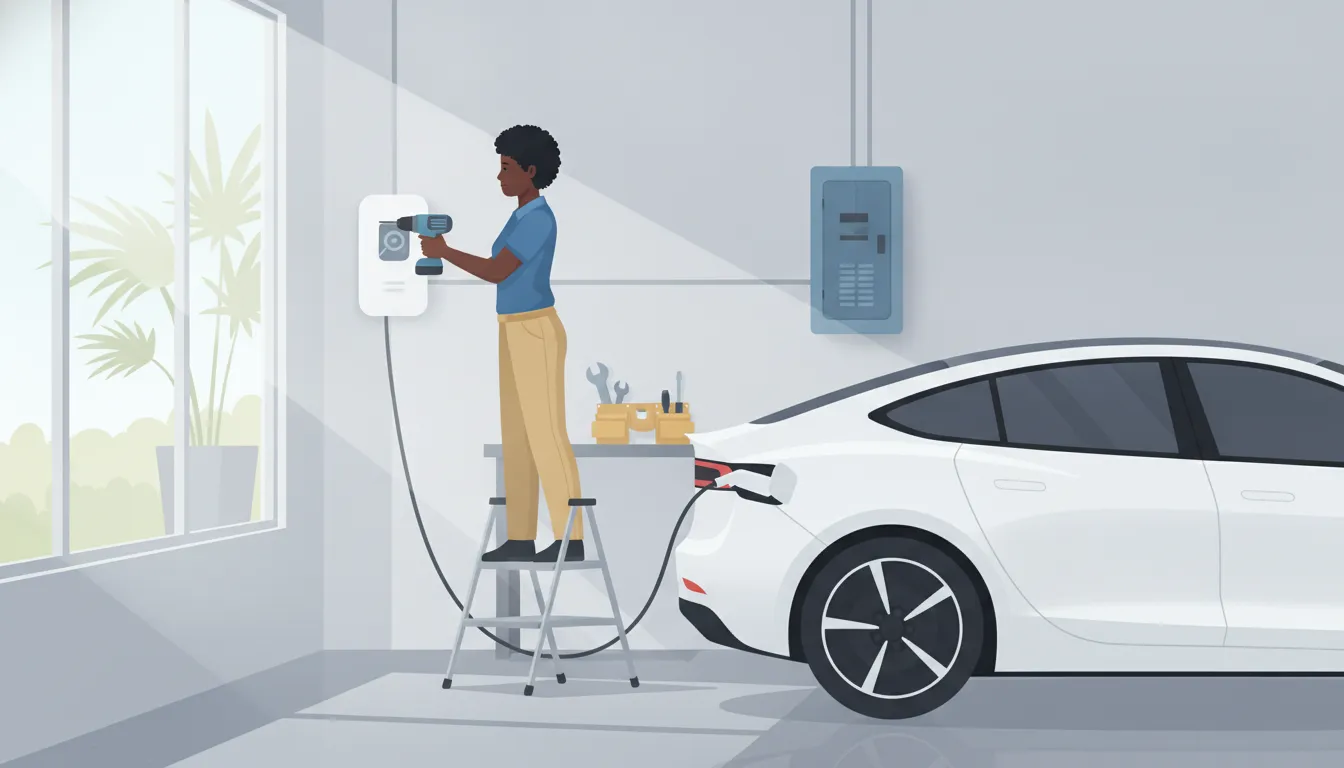 Licensed electrician installing a home electric vehicle charging station on a garage wall in a Florida home