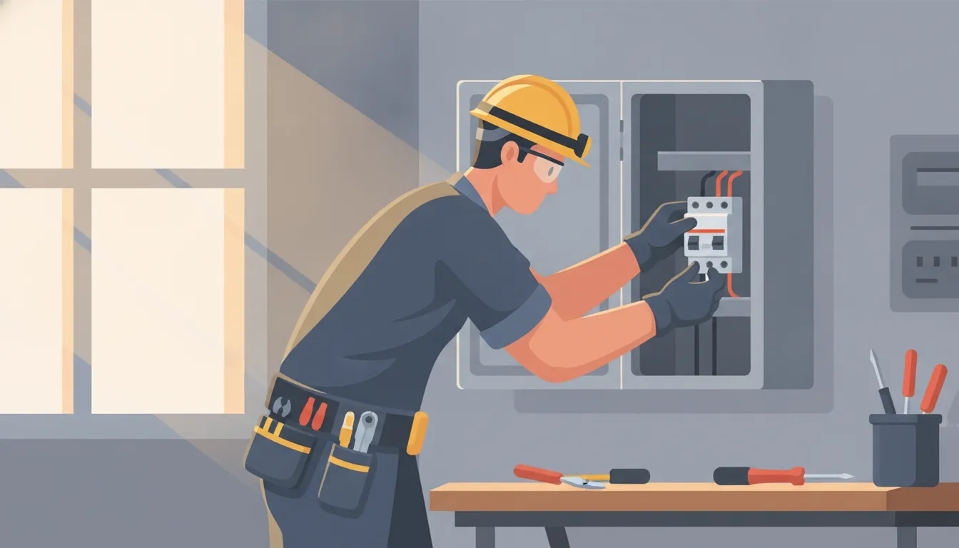 Licensed electrician installing a whole-house surge protector at a home electrical panel