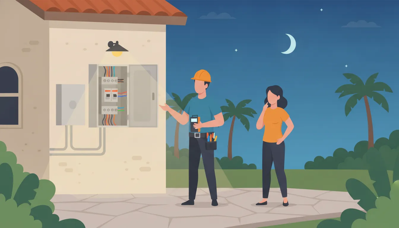 Electrician inspecting a home electrical panel during an emergency visit