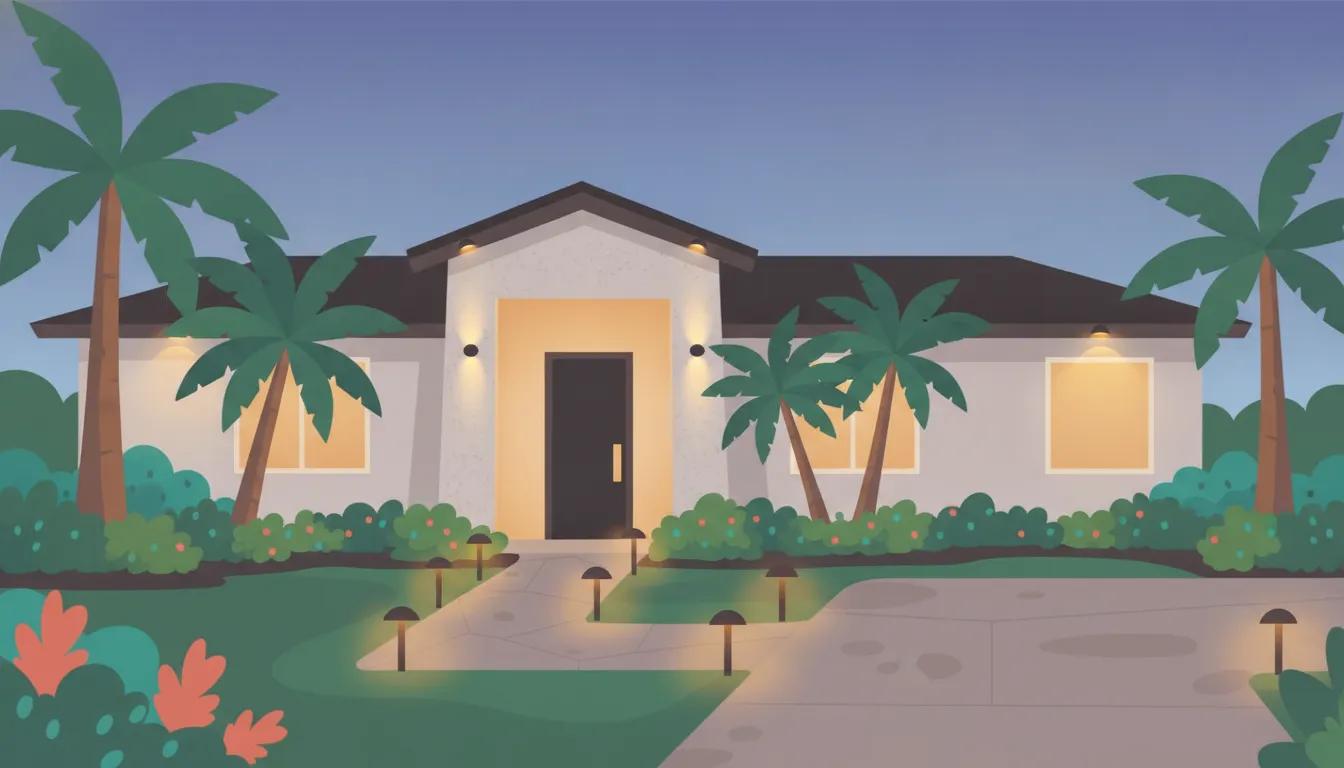 Warm landscape path lights illuminating a Florida home front yard and walkway at dusk