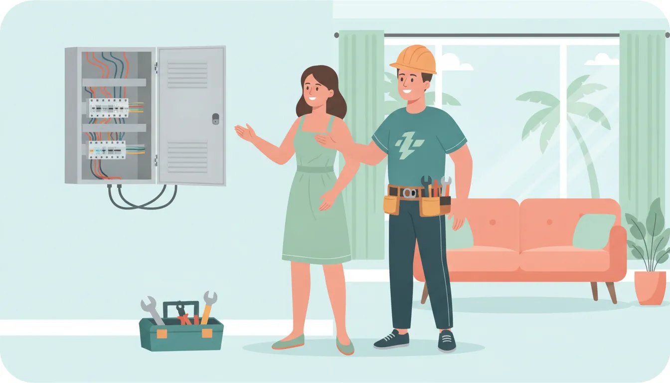 Electrician helping a Jupiter homeowner with a residential electrical panel