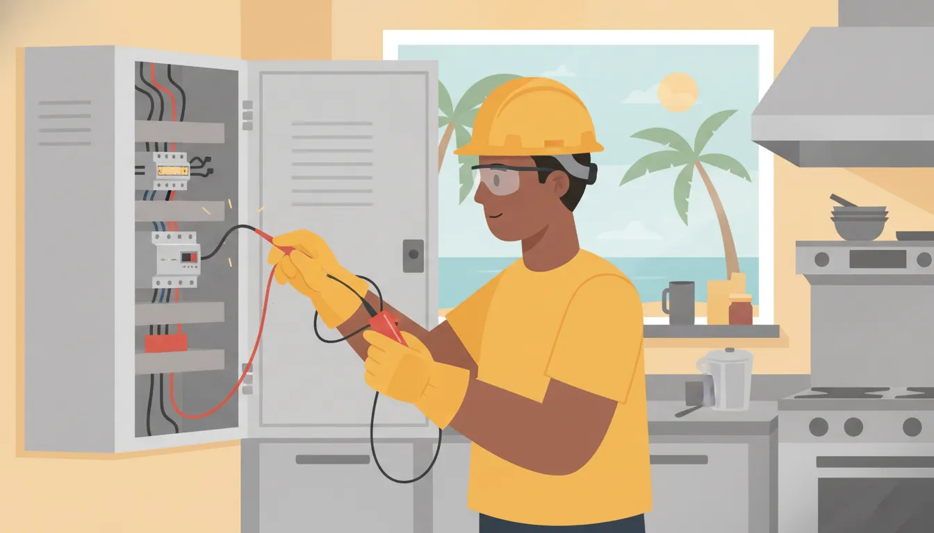 Emergency commercial electrician inspecting a business electrical panel