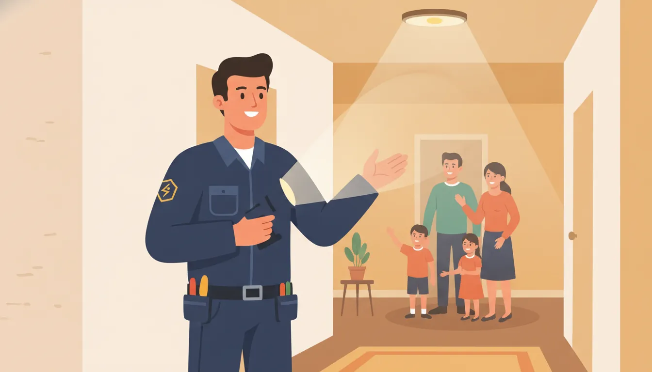 licensed electrician inspecting a dim light fixture in a home hallway at evening