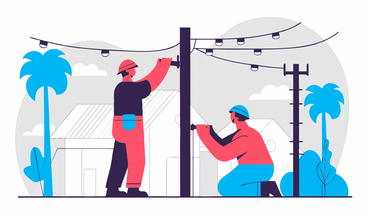 Round flat vector illustration of an electrical contractor working on outdoor electrical service in Jupiter FL