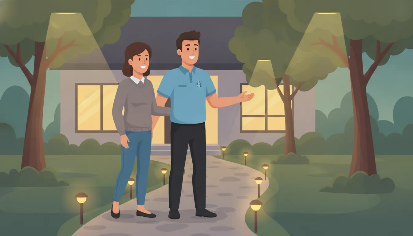 Licensed electrician reviewing outdoor landscape lighting with a homeowner at dusk