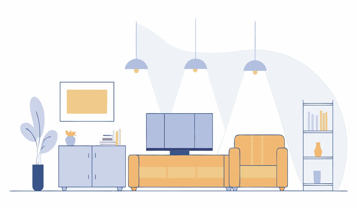 Round flat vector illustration of a living room with pendant lights flickering on and off