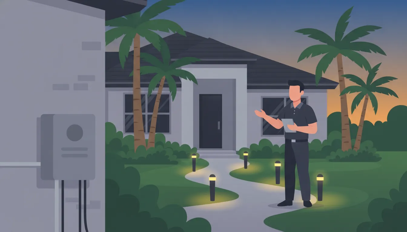 Low voltage landscape lighting illuminating a Florida home walkway at dusk
