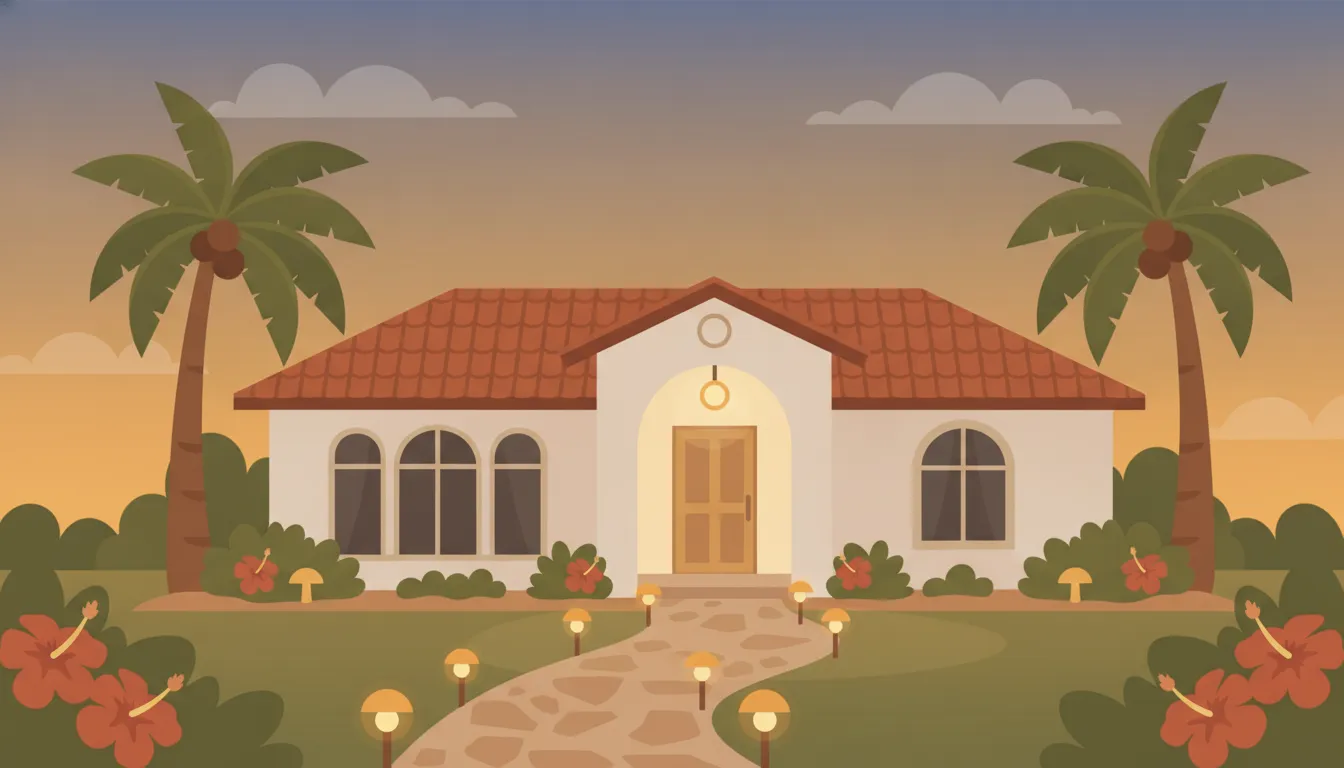 A Florida home at dusk with warm outdoor lighting illuminating the walkway and landscaping for curb appeal and security