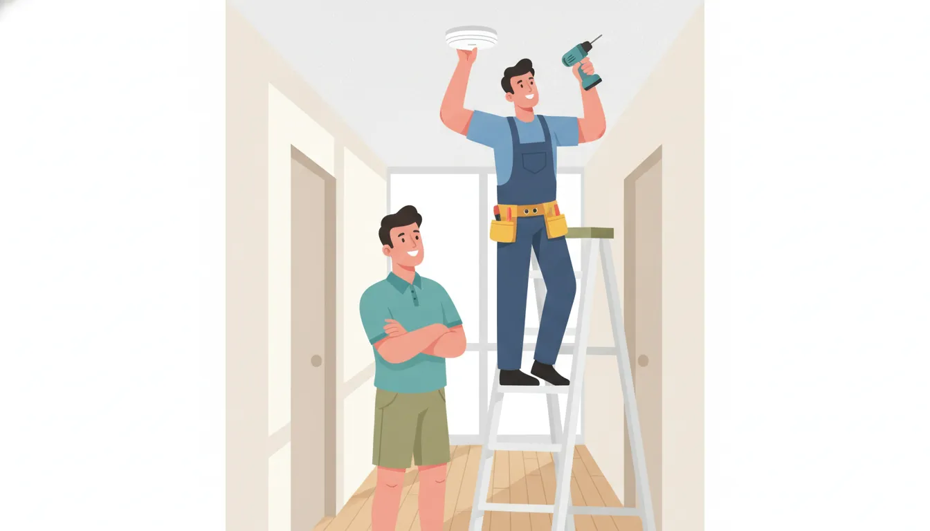 Licensed electrician installing a smoke detector on a ceiling in a Florida home