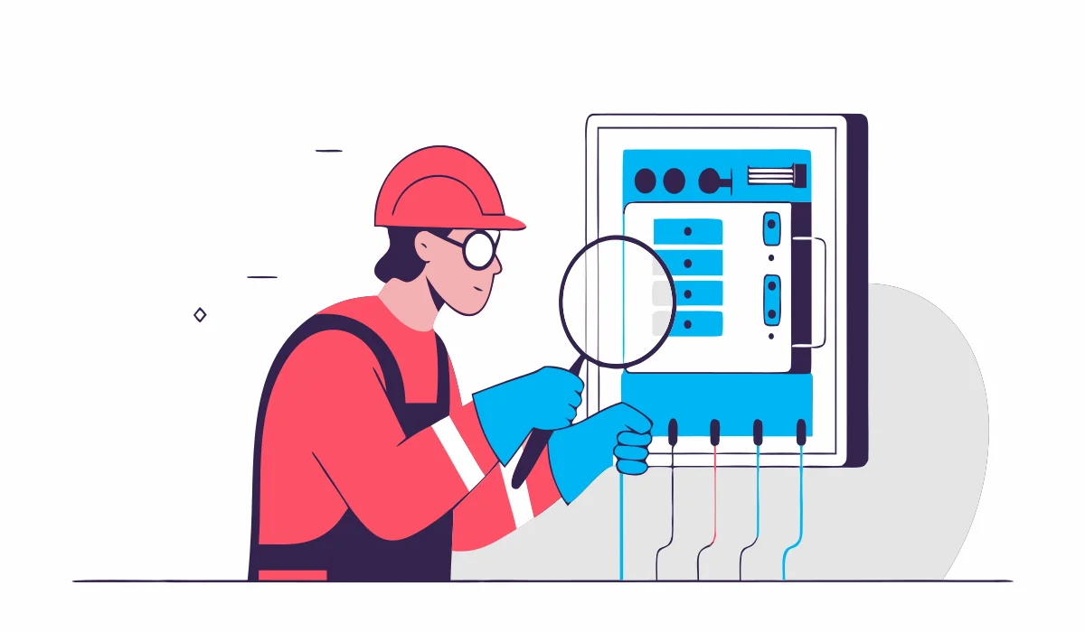 Round flat vector illustration of a licensed electrician inspecting a home electrical panel in Palm Beach Gardens