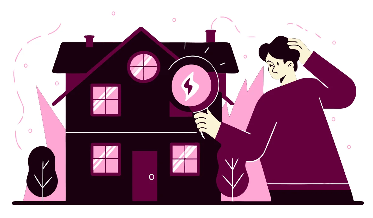Round flat vector illustration of a homeowner noticing flickering lights and warm outlet warning signs