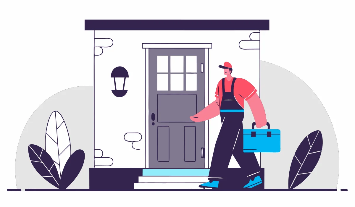 Round flat vector illustration of a licensed electrician arriving at a home in uniform