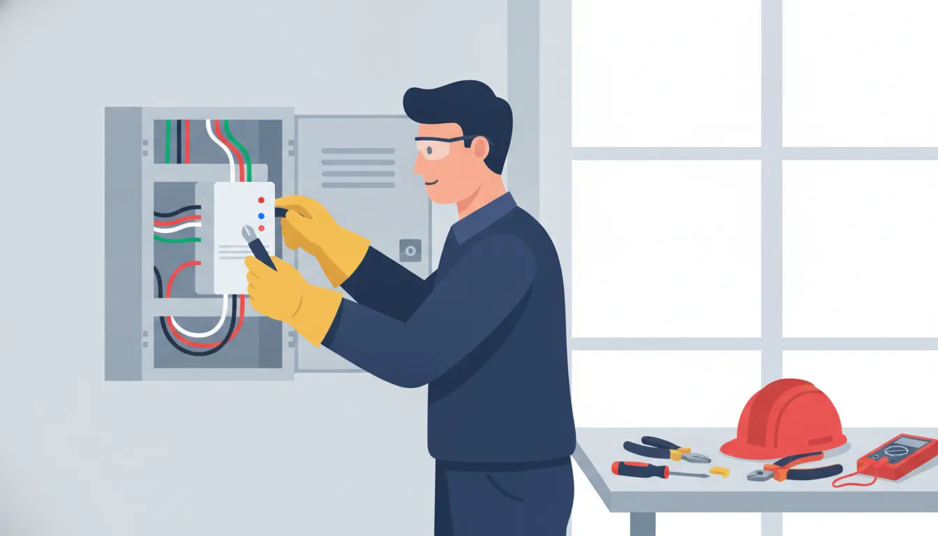 Electrician inspecting a whole-house surge protector in a Florida home