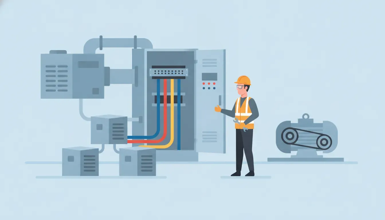 Commercial electrician reviewing three phase power equipment in an electrical room