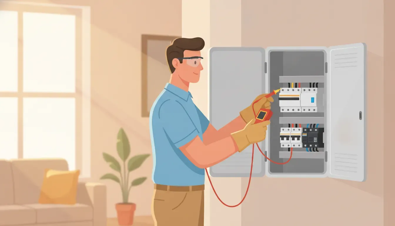 Electrician inspecting an arc fault circuit breaker in a residential electrical panel