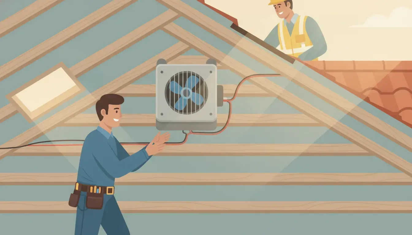 Attic roof fan installation planned by an electrician in a Florida home