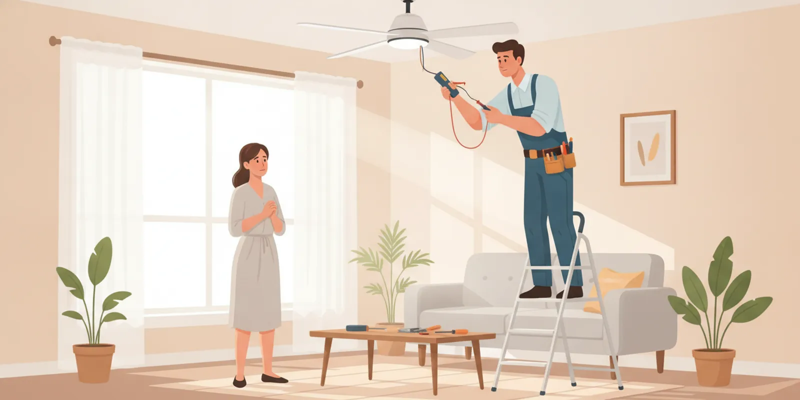 Electrician checking a ceiling fan installation in a bright Port St. Lucie home
