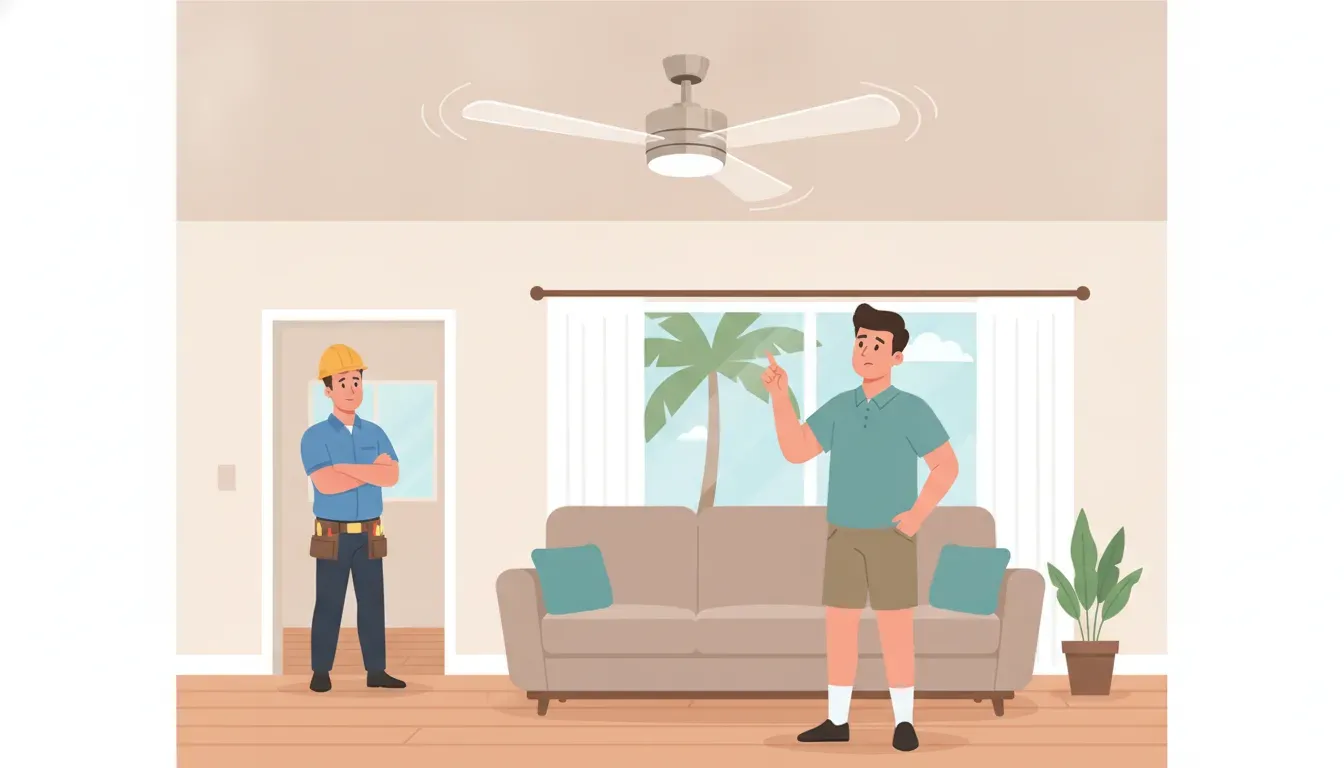 Homeowner discussing a wobbling ceiling fan with a licensed electrician