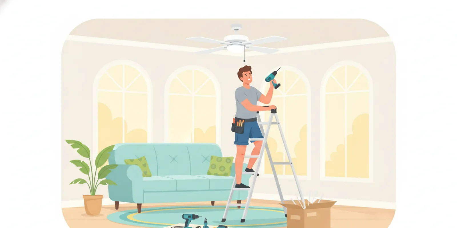 Electrician preparing to replace a ceiling fan in a bright Florida living room