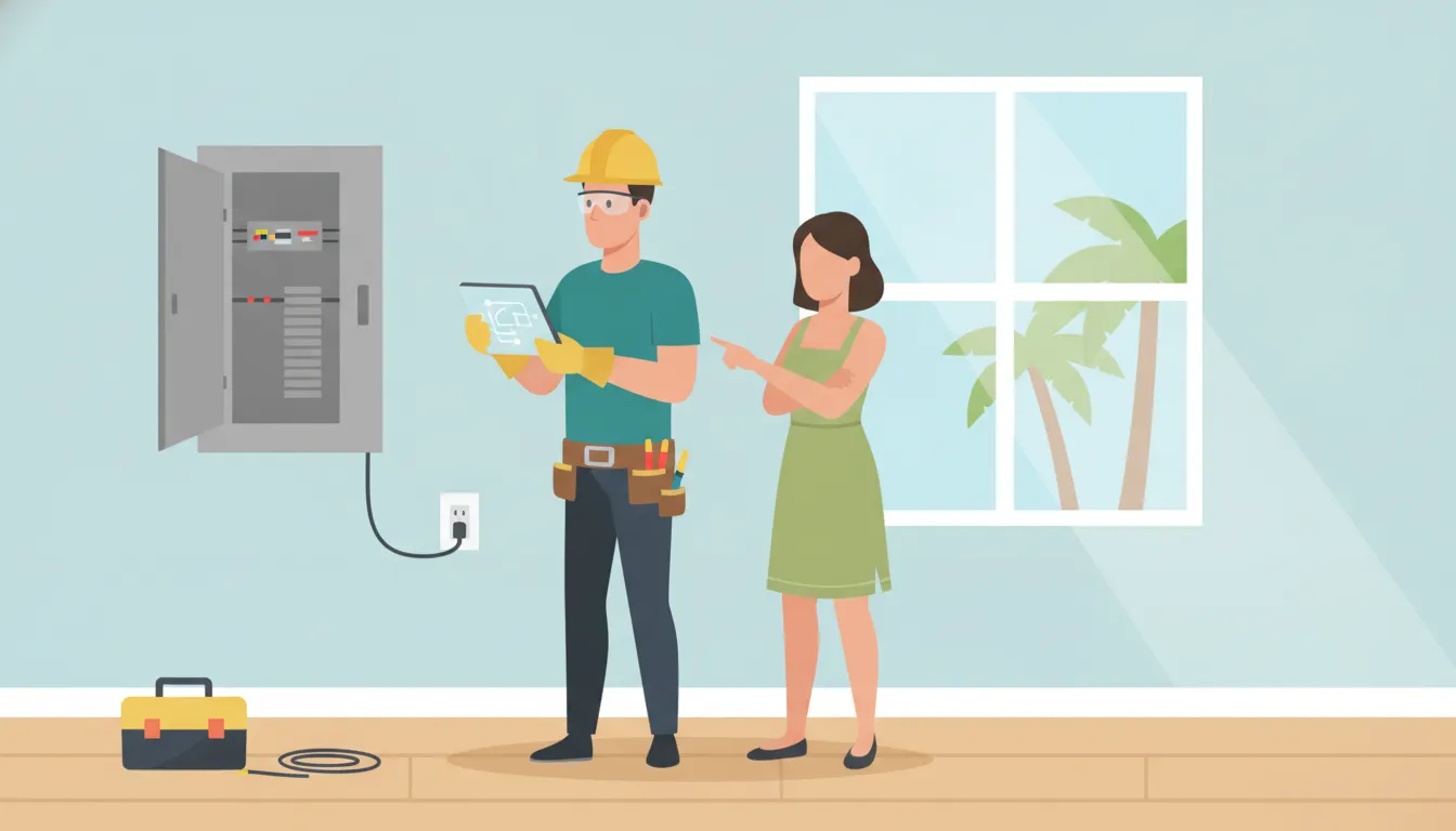 Electrician evaluating a residential electrical panel with a homeowner