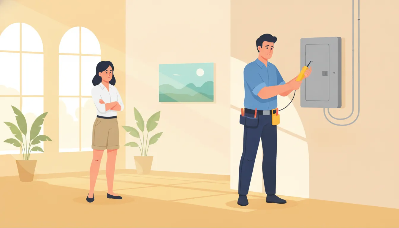 Electrician evaluating a residential electrical panel with a homeowner