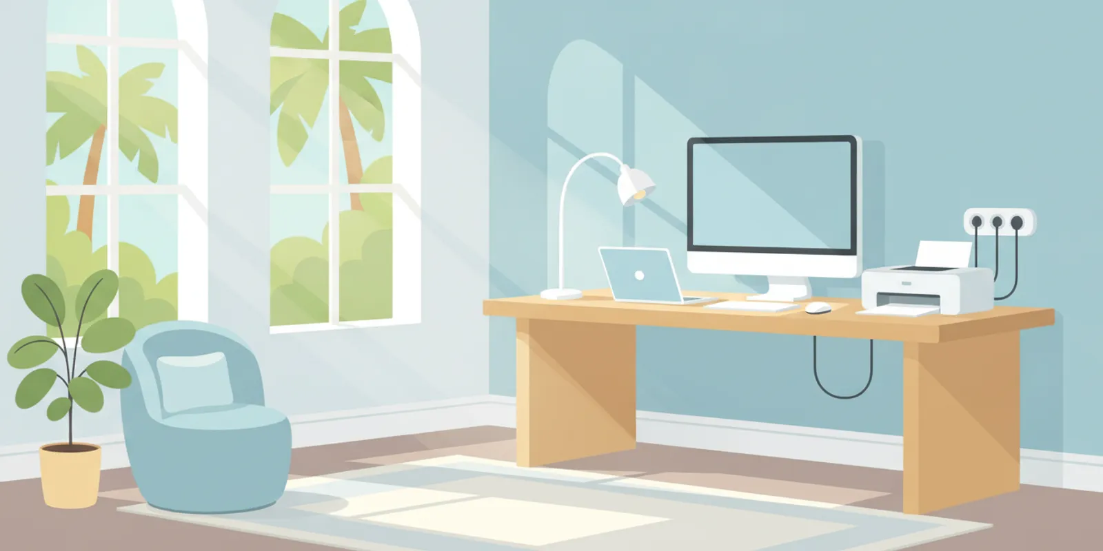 Home office desk with computer equipment and a wall outlet in a bright Florida home