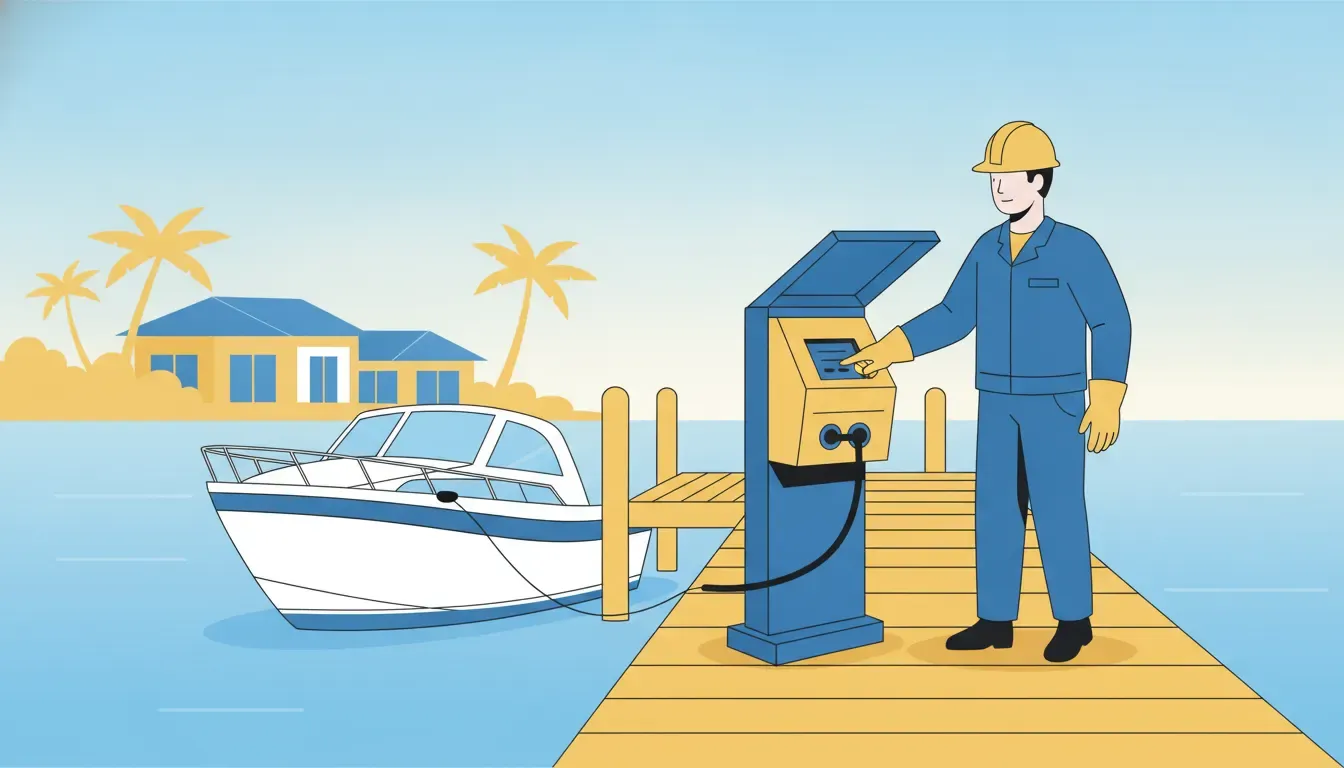 Electrician inspecting a shore power pedestal on a Florida dock