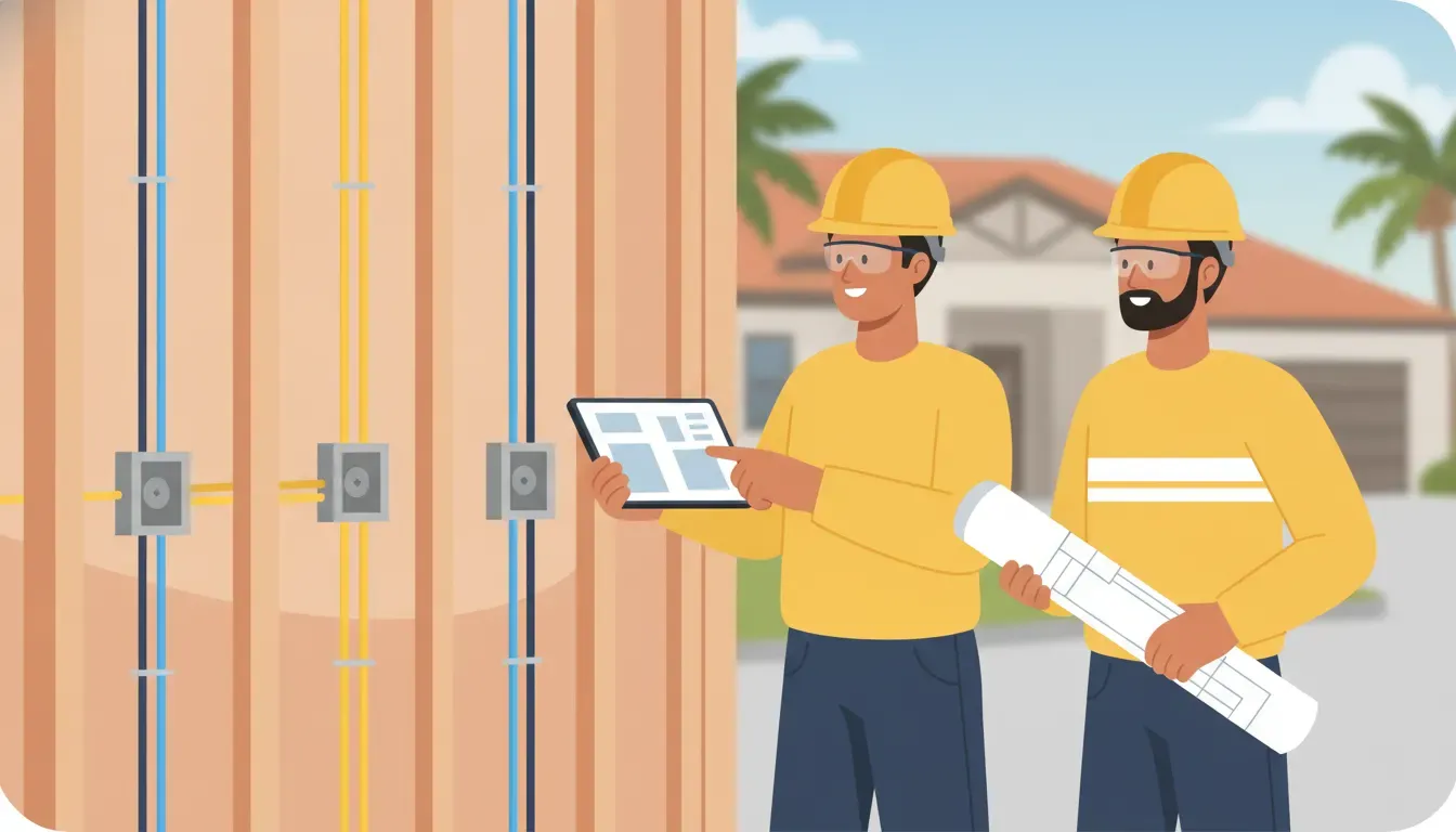 Electrician and builder planning electrical rough in with open wall framing