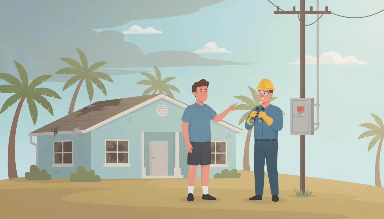 Electrician assessing a storm-damaged Florida home safely