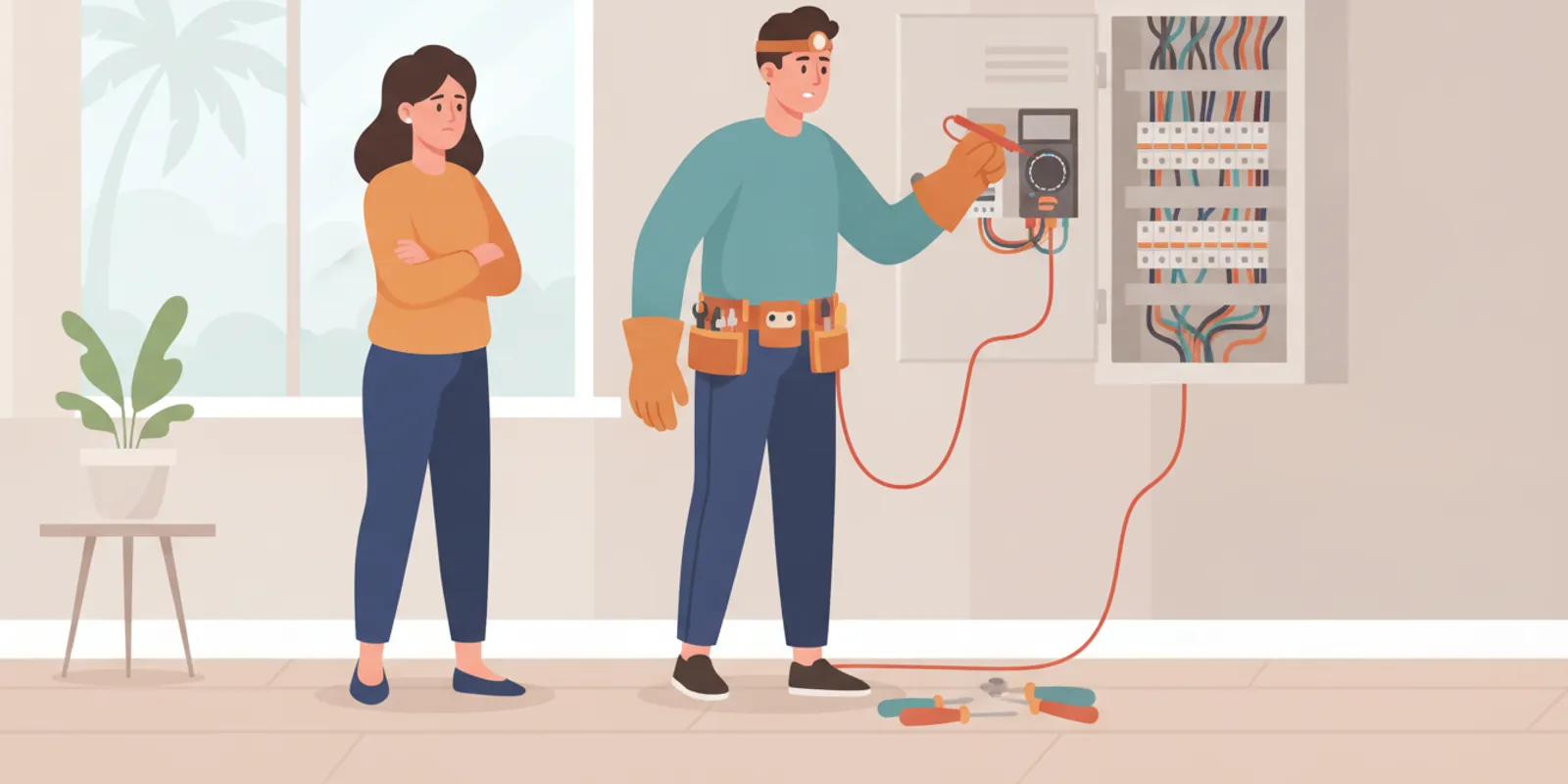 Electrician inspecting a residential electrical panel in a Florida home