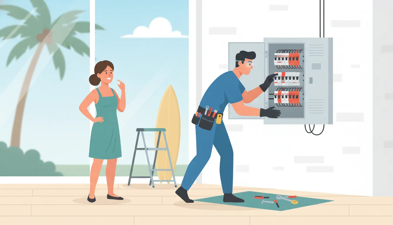 Electrician inspecting a home electrical panel in Stuart