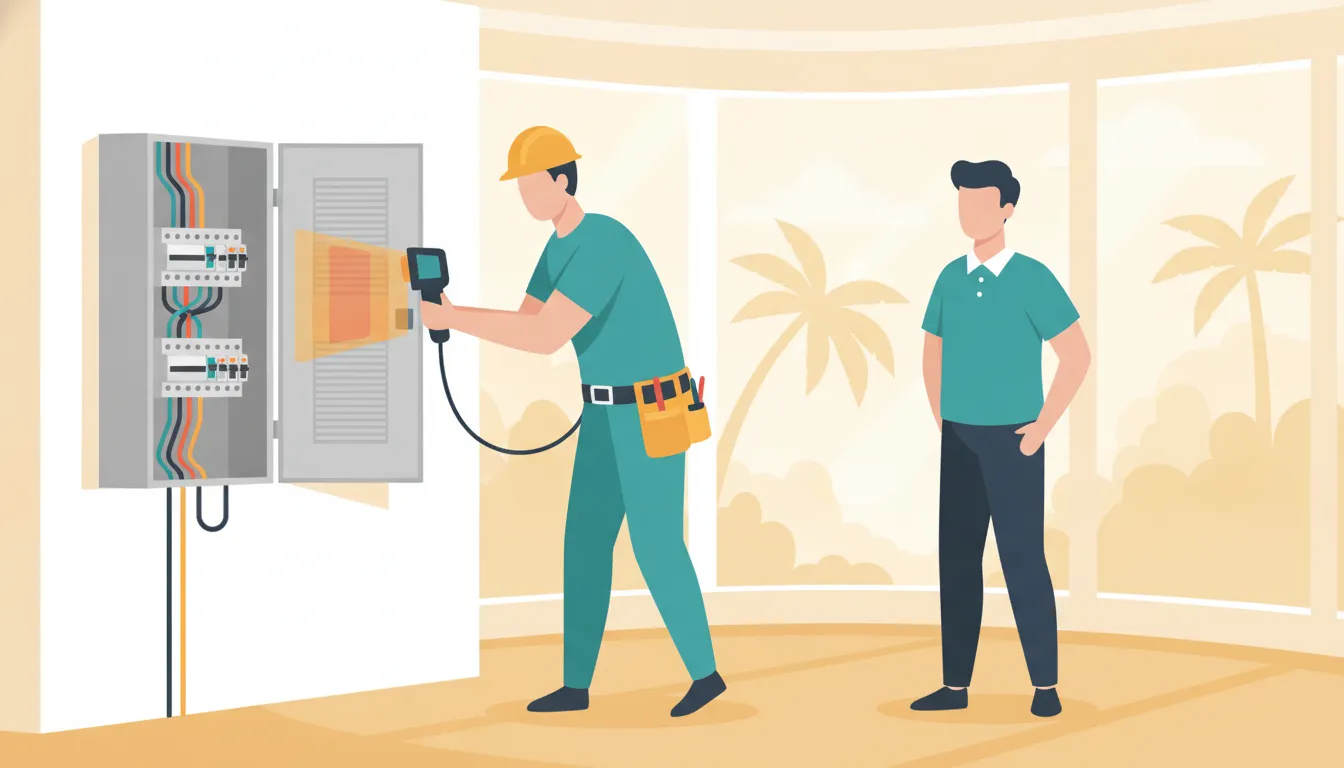 Electrician inspecting a residential electrical panel for breaker damage