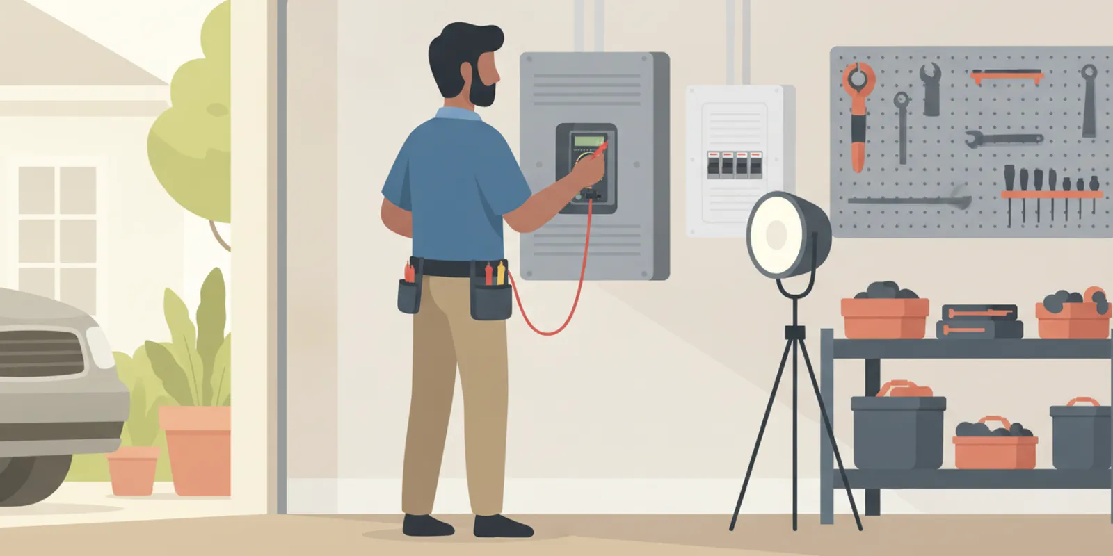 Electrician checking a generator transfer switch beside a home electrical panel