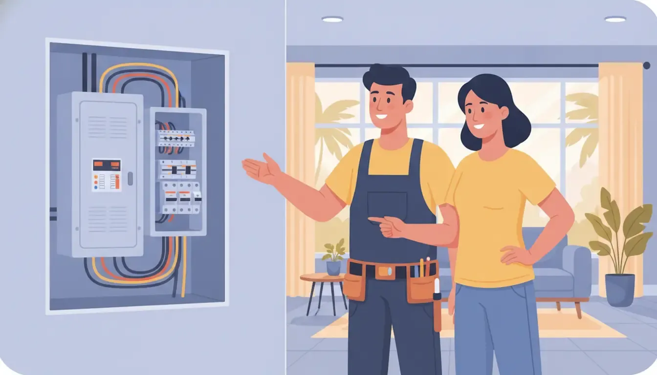 Electrician and homeowner reviewing a house rewiring project near an electrical panel