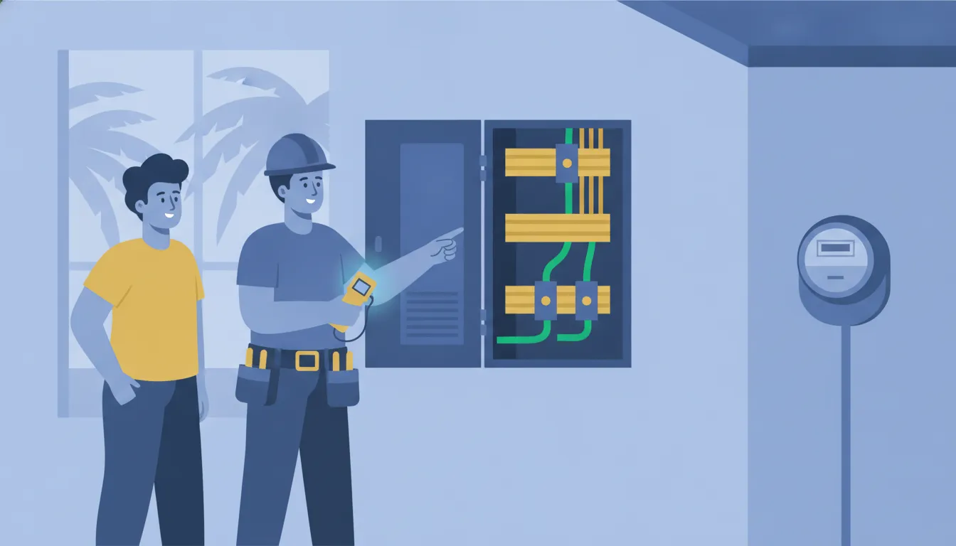 Electrician inspecting grounding and bonding connections at a residential electrical panel