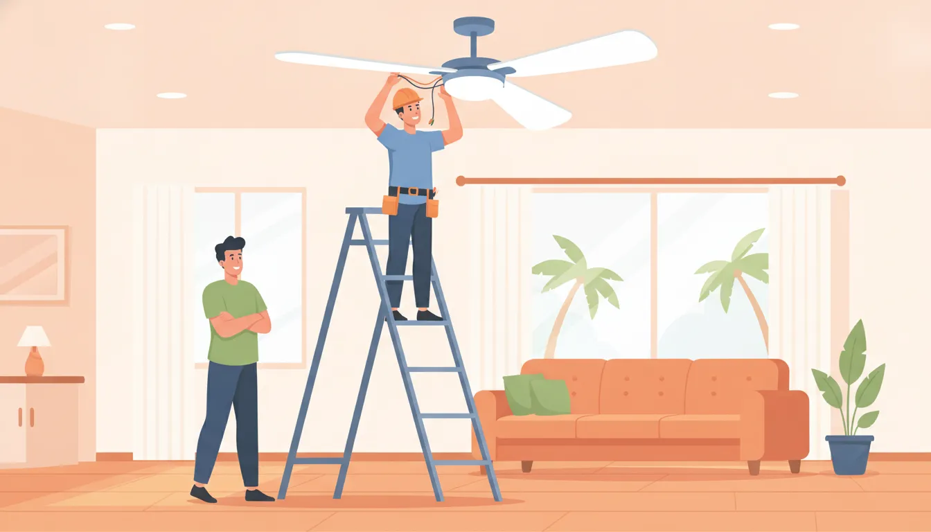 Electrician helping a homeowner hire electrician to install ceiling fan safely