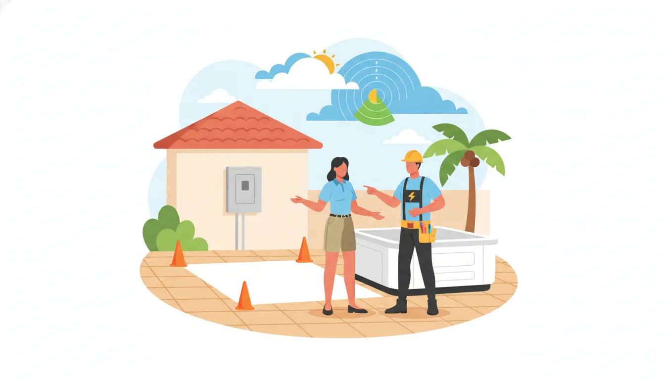 Homeowner reviewing a hot tub installation site with an electrician