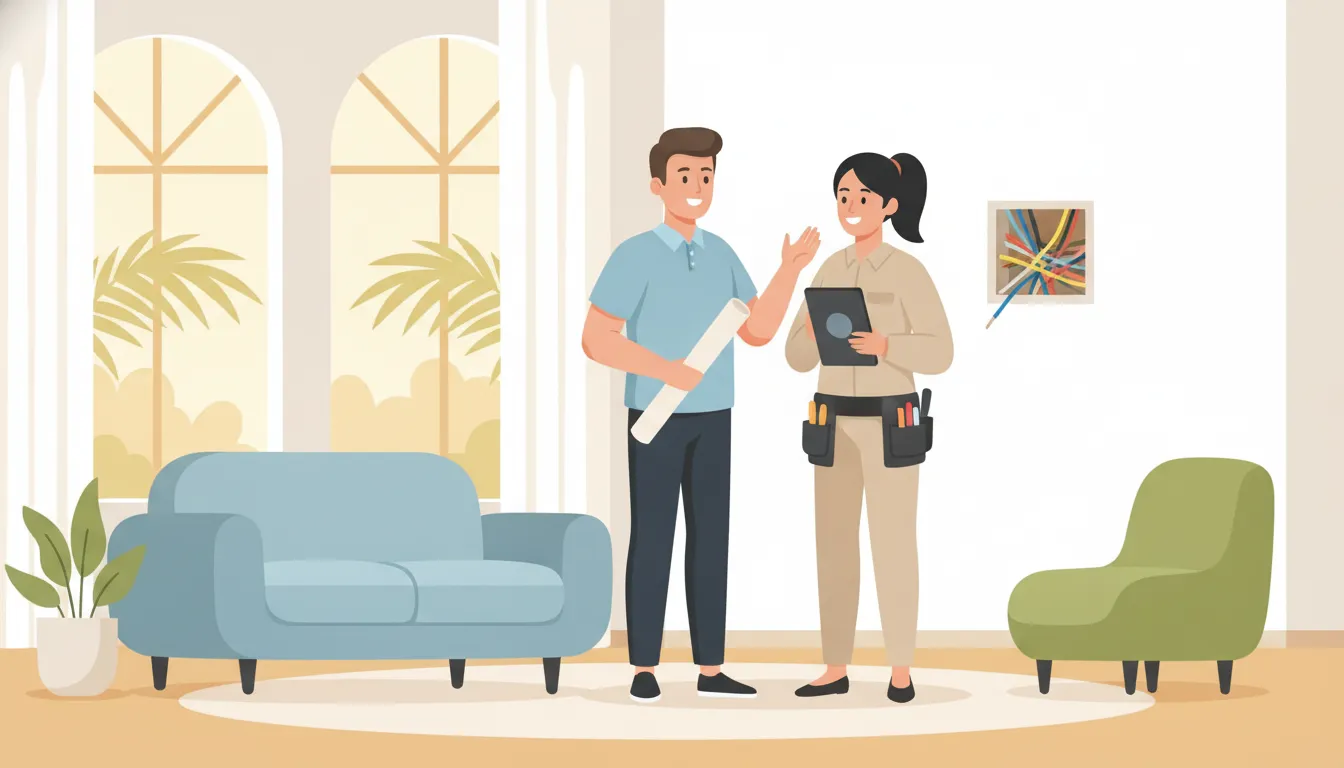 Homeowner discussing a rewiring plan with an electrician