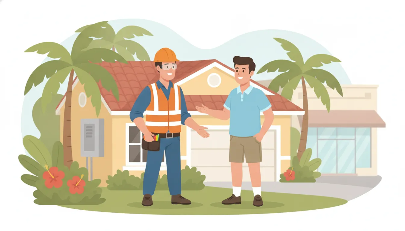 Homeowner speaking with an electrician outside a South Florida home