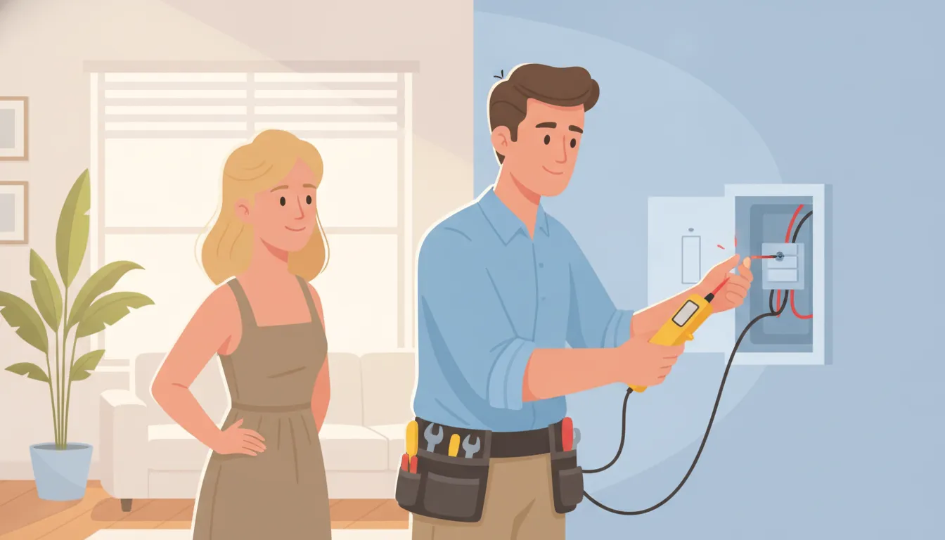 Electrician checking a wall switch box with a voltage tester