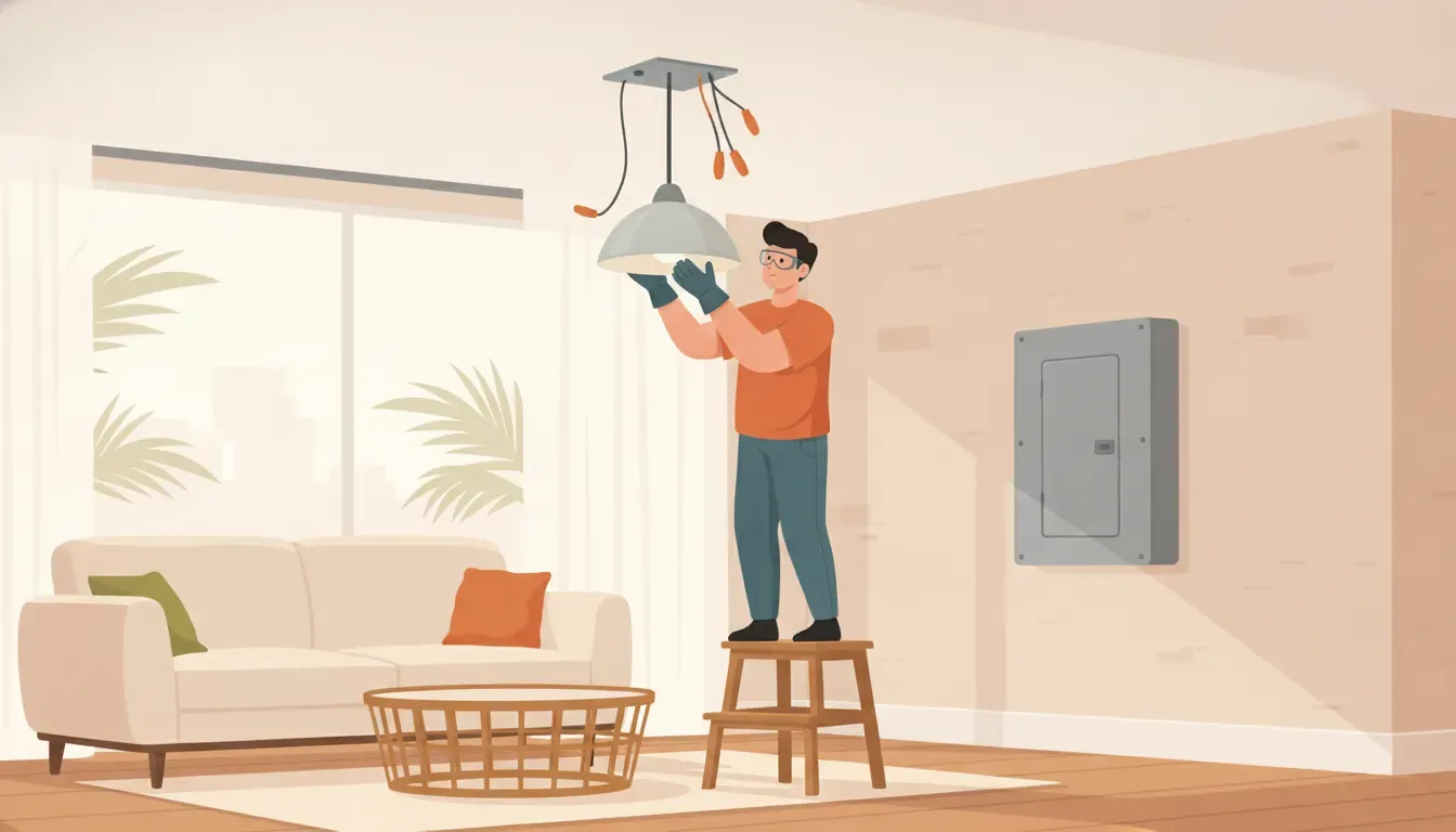 Homeowner safely installing a ceiling light fixture with a mounting bracket