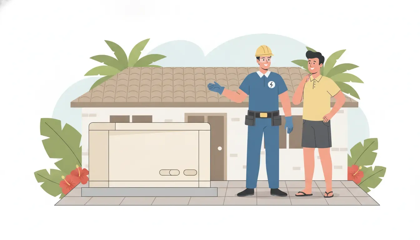 Electrician helping a homeowner troubleshoot an outdoor standby generator safely