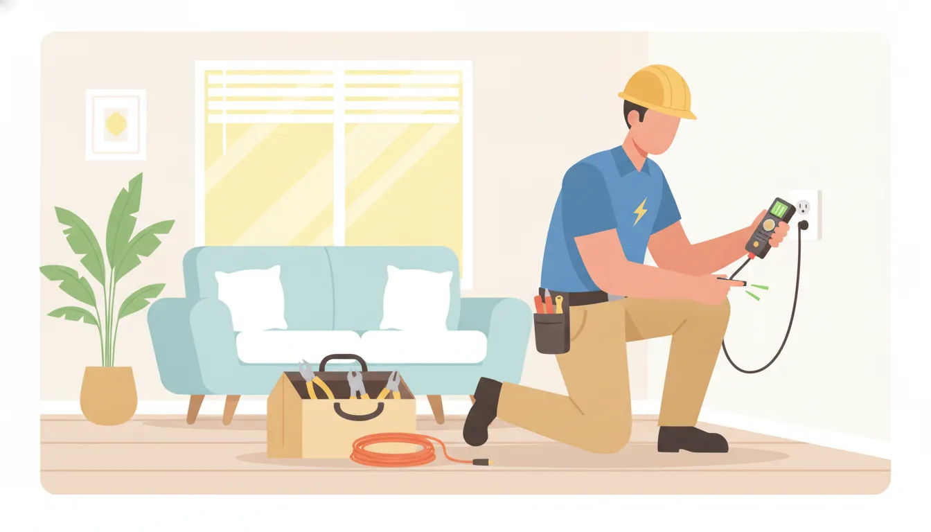 Electrician safely inspecting a wall receptacle