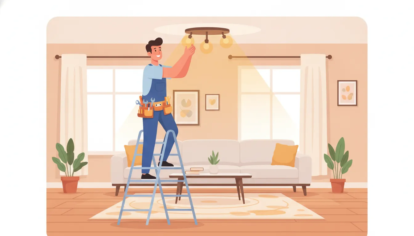 Licensed electrician changing a ceiling light fixture for a homeowner
