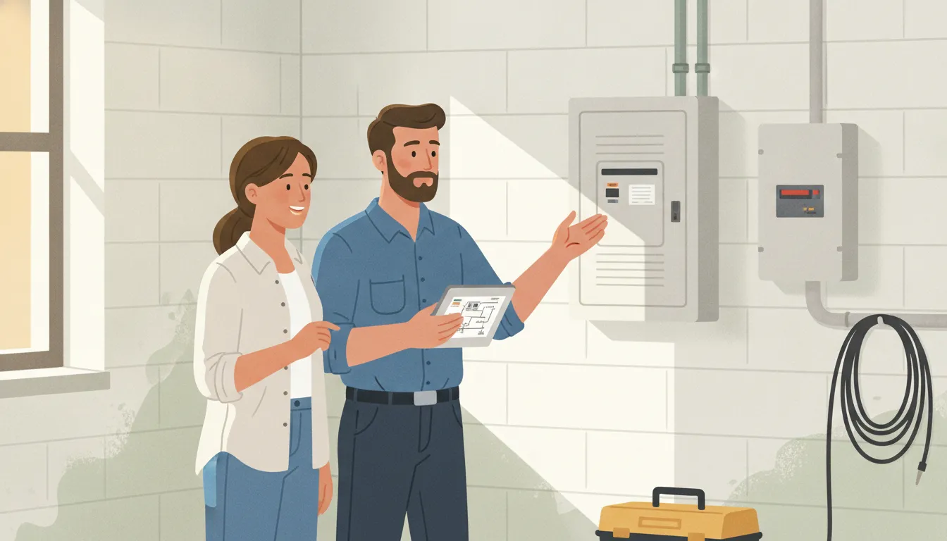Electrician reviewing a residential breaker panel replacement with a homeowner