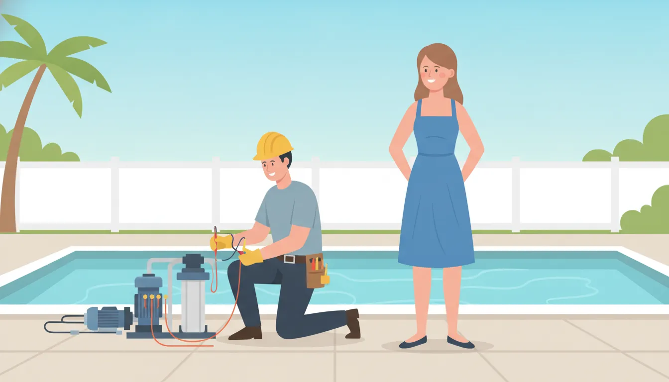 Electrician inspecting pool equipment during a pool bonding safety evaluation