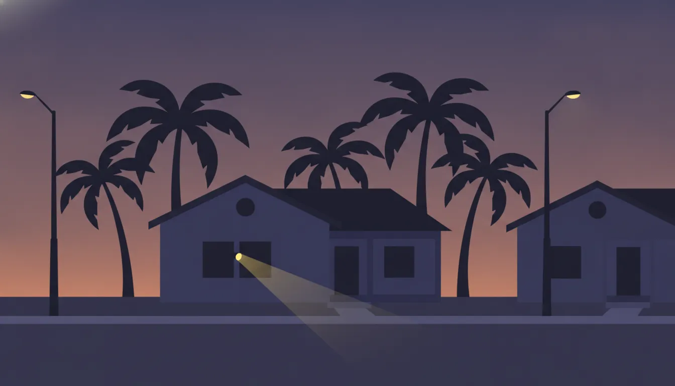 Dark Florida house at dusk during a neighborhood power outage, with a flashlight visible in one window