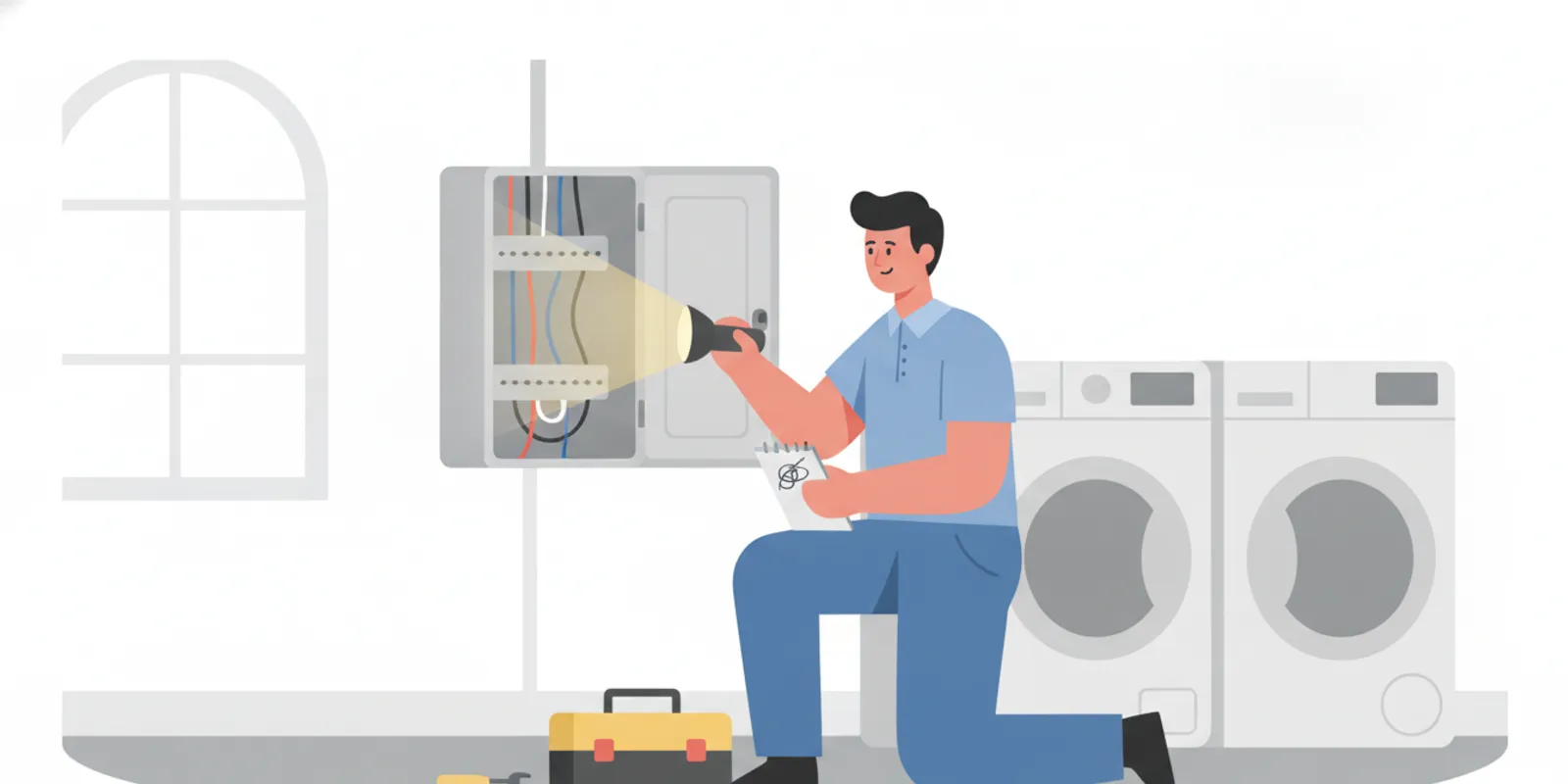 Electrician inspecting a residential electrical panel with the panel door open