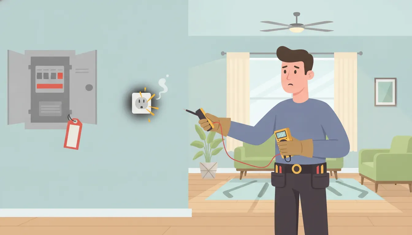 Electrician safely assessing a sparking outlet during an emergency visit